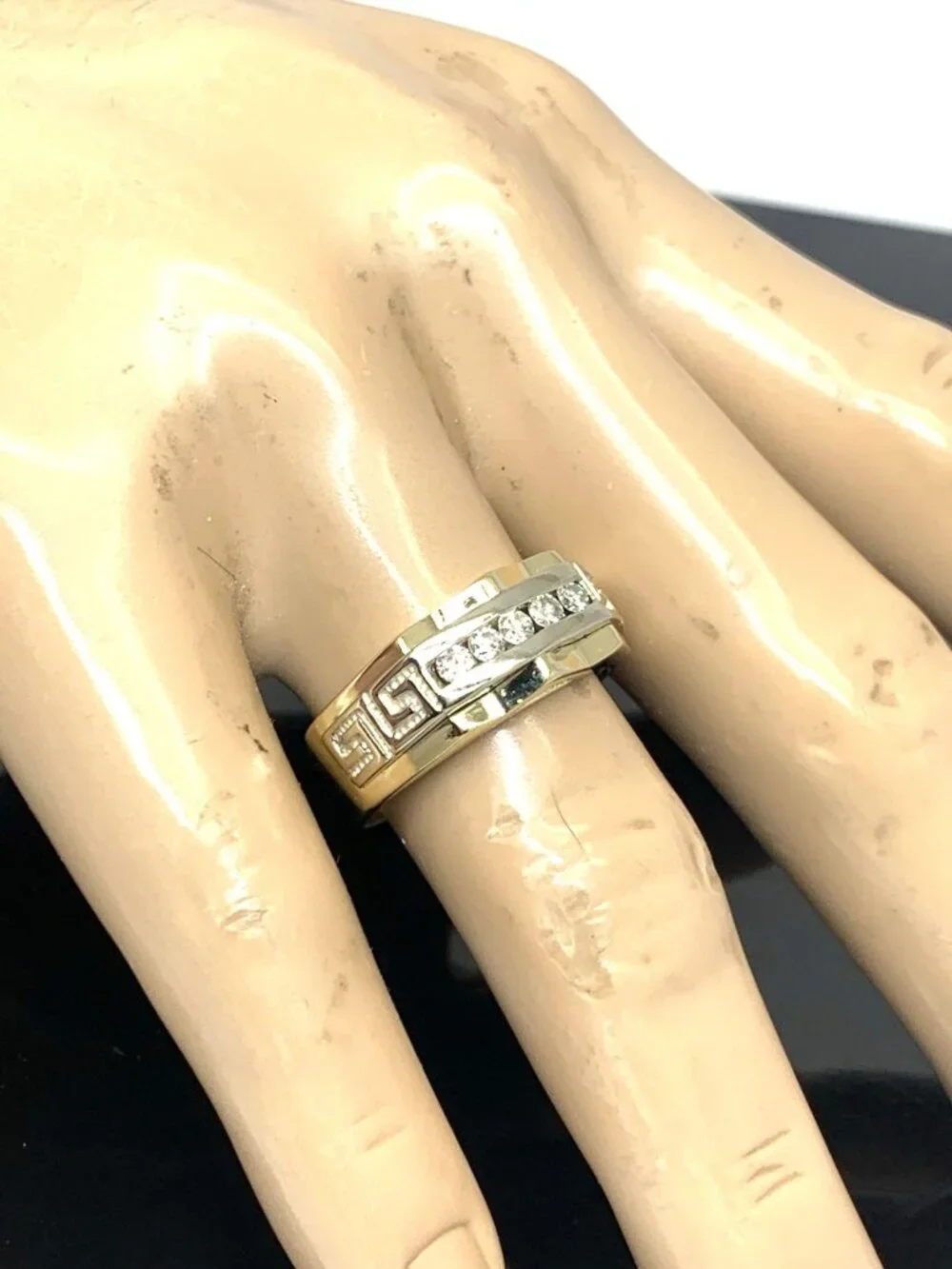 Men's Ring 14k Yellow Gold Diamond 0.25ctw Statement Greek Key Pattern Size 11.5